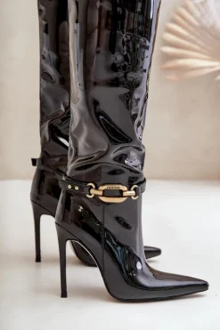 Damskie Boto Lakierowane Kozaki Na Szpilce Ze Złotą Ozdobą Czarne Tistaria