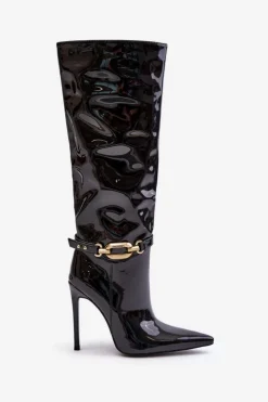 Damskie Boto Lakierowane Kozaki Na Szpilce Ze Złotą Ozdobą Czarne Tistaria