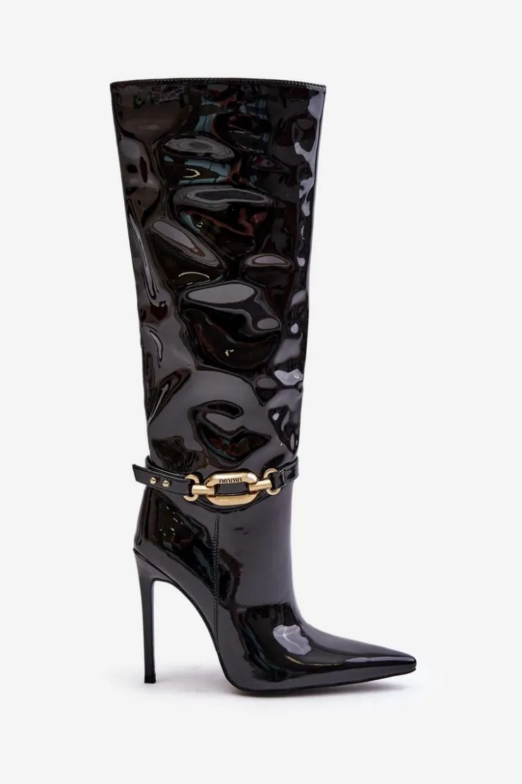 Damskie Boto Lakierowane Kozaki Na Szpilce Ze Złotą Ozdobą Czarne Tistaria