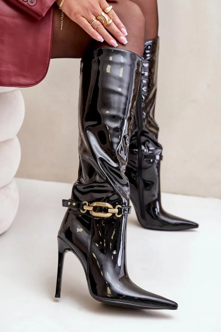 Damskie Boto Lakierowane Kozaki Na Szpilce Ze Złotą Ozdobą Czarne Tistaria