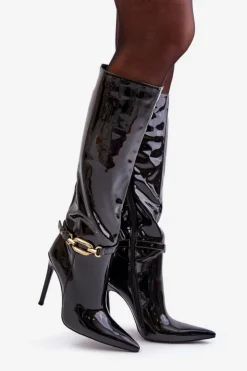 Damskie Boto Lakierowane Kozaki Na Szpilce Ze Złotą Ozdobą Czarne Tistaria
