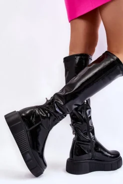 Boto Kozaki Na Koturnie|Kozaki Przed Kolano*Lakierowane Kozaki Przed Kolano Na Platformie Czarne Spectrum