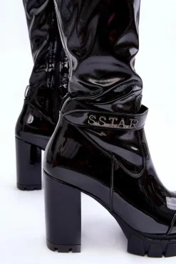 Best Boto Lakierowane Kozaki Za Kolano Na Masywnym Słupku Czarne Kytia Czarny