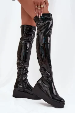 New Boto Lakierowane Kozaki Za Kolano Na Platformie I Delikatnym Koturnie Czarne Tavina