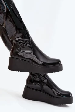 New Boto Lakierowane Kozaki Za Kolano Na Platformie I Delikatnym Koturnie Czarne Tavina