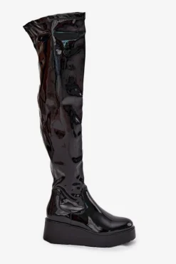 New Boto Lakierowane Kozaki Za Kolano Na Platformie I Delikatnym Koturnie Czarne Tavina