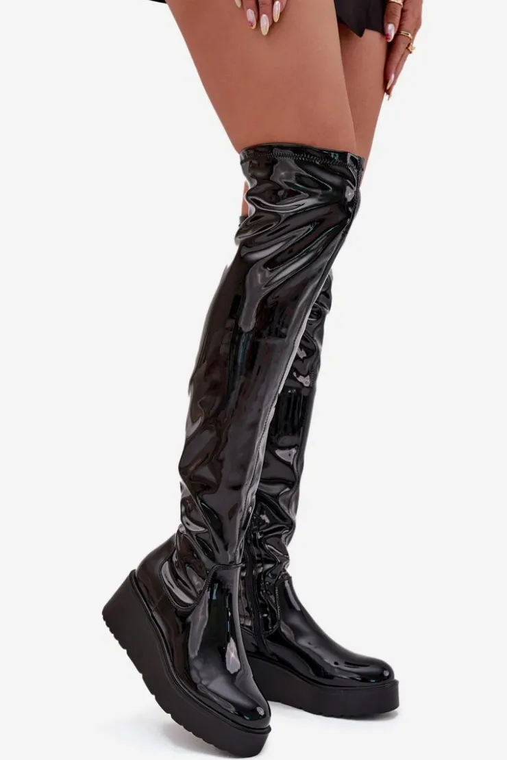 New Boto Lakierowane Kozaki Za Kolano Na Platformie I Delikatnym Koturnie Czarne Tavina