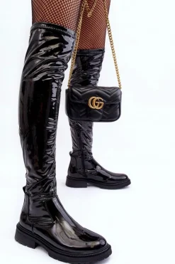 Boto Kozaki Ocieplane|Muszkieterki*Lakierowane Kozaki Za Kolano Na Płaskim Obcasie Czarne Rilema