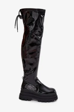 Damskie Boto Lakierowane Kozaki Za Kolano Na Masywnej Platformie Czarne Ravela