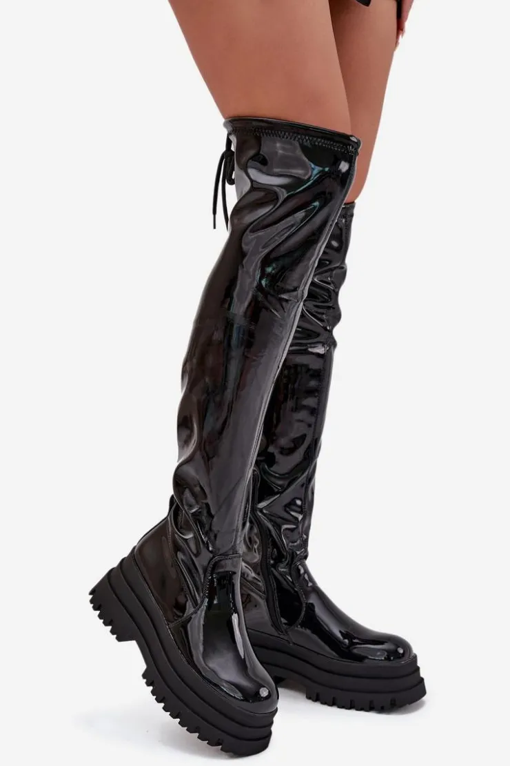 Damskie Boto Lakierowane Kozaki Za Kolano Na Masywnej Platformie Czarne Ravela