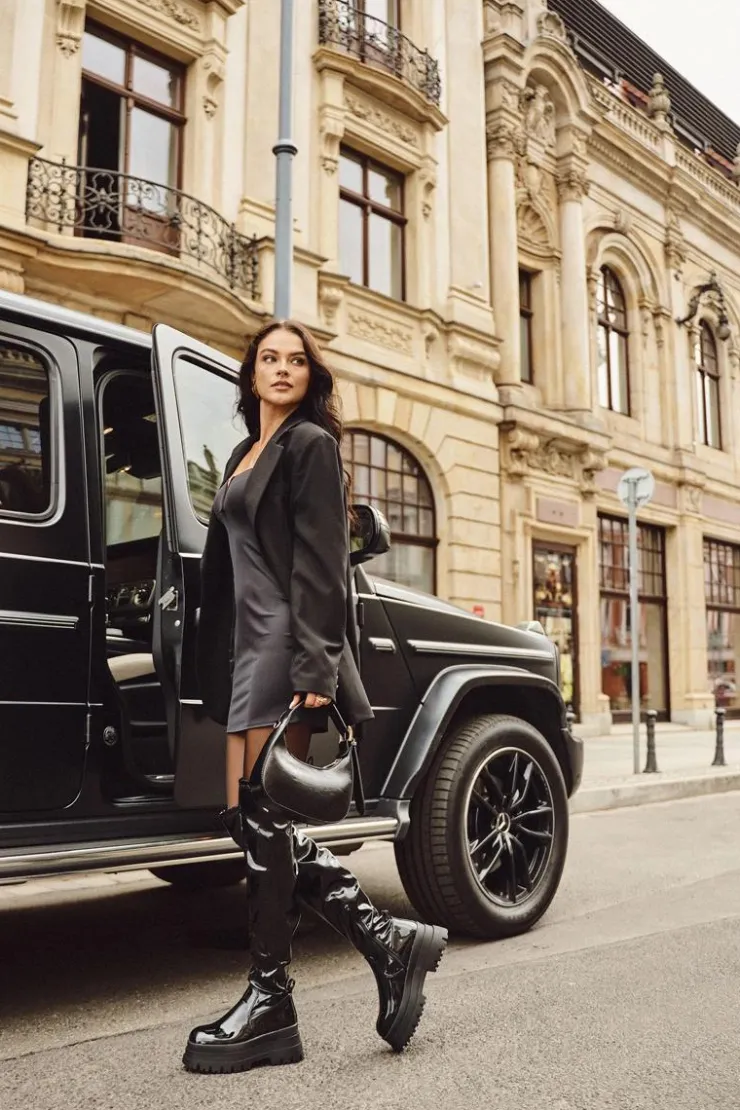 Damskie Boto Lakierowane Kozaki Za Kolano Na Masywnej Platformie Czarne Ravela