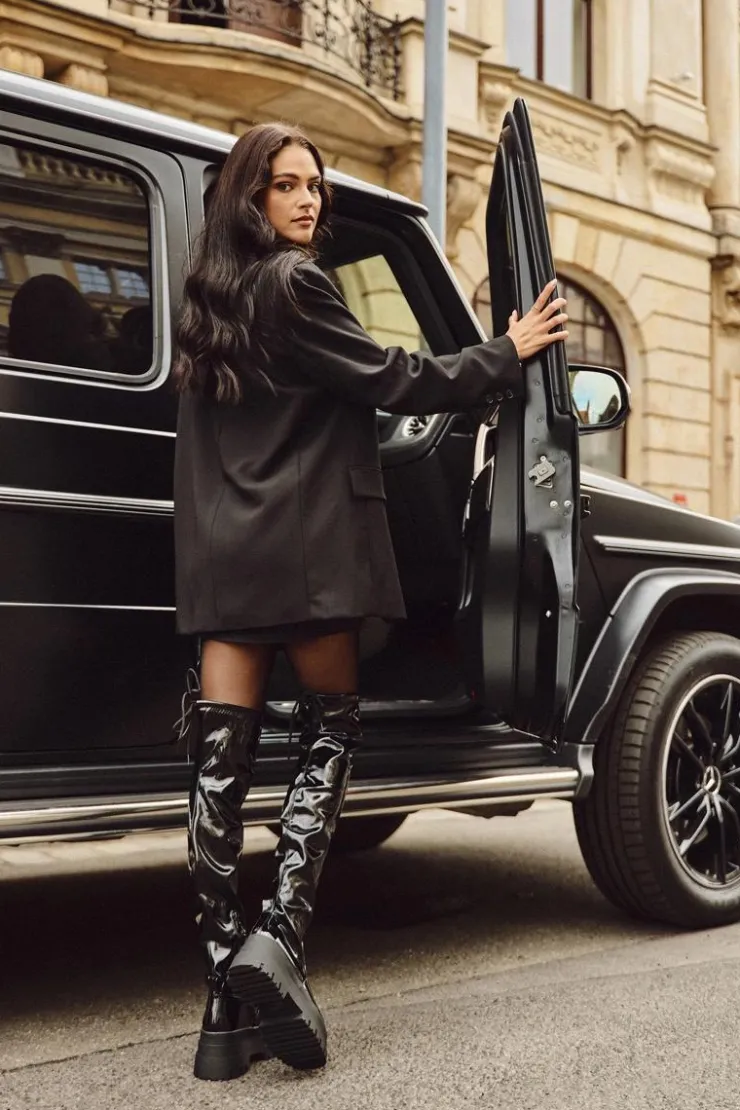 Damskie Boto Lakierowane Kozaki Za Kolano Na Masywnej Platformie Czarne Ravela