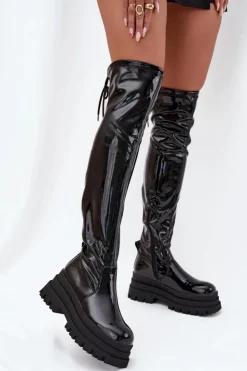 Damskie Boto Lakierowane Kozaki Za Kolano Na Masywnej Platformie Czarne Ravela