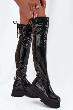 Damskie Boto Lakierowane Kozaki Za Kolano Na Masywnej Platformie Czarne Ravela