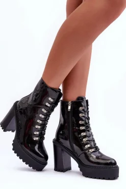 Damskie Boto Lakierowane Masywne Botki Na Słupku Czarne Ikeshia