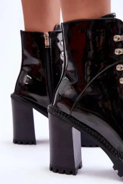 Damskie Boto Lakierowane Masywne Botki Na Słupku Czarne Ikeshia
