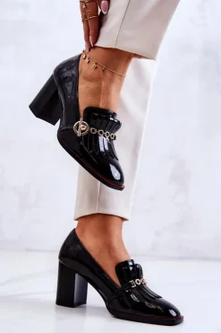 Outlet Damskie buty S.Barski Lakierowane Modne Czółenka Czarne Jenice