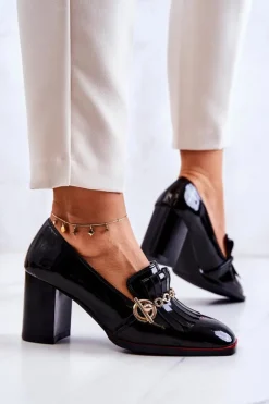 Outlet Damskie buty S.Barski Lakierowane Modne Czółenka Czarne Jenice