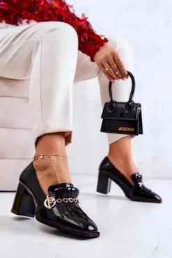 Outlet Damskie buty S.Barski Lakierowane Modne Czółenka Czarne Jenice