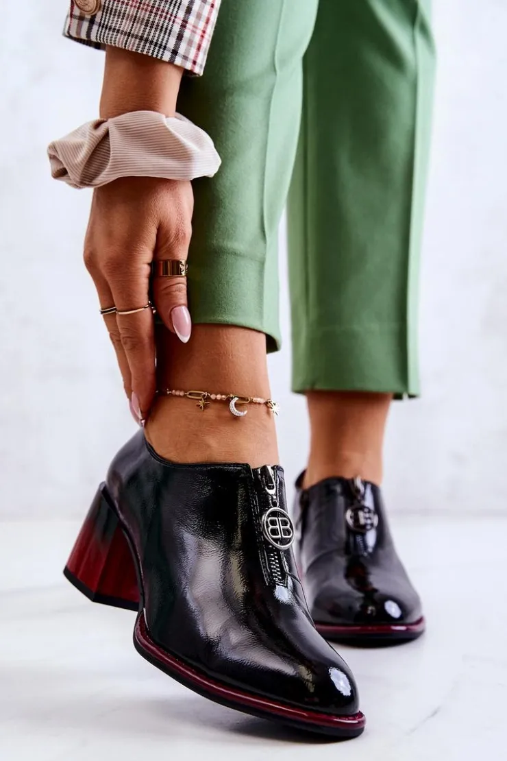 Damskie Damskie buty S.Barski Lakierowane Modne Półbuty Na Słupku Czarno-Czerwone Lorena