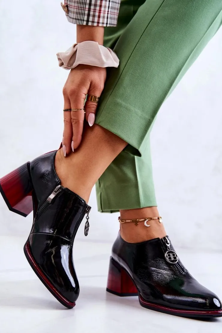 Damskie Damskie buty S.Barski Lakierowane Modne Półbuty Na Słupku Czarno-Czerwone Lorena