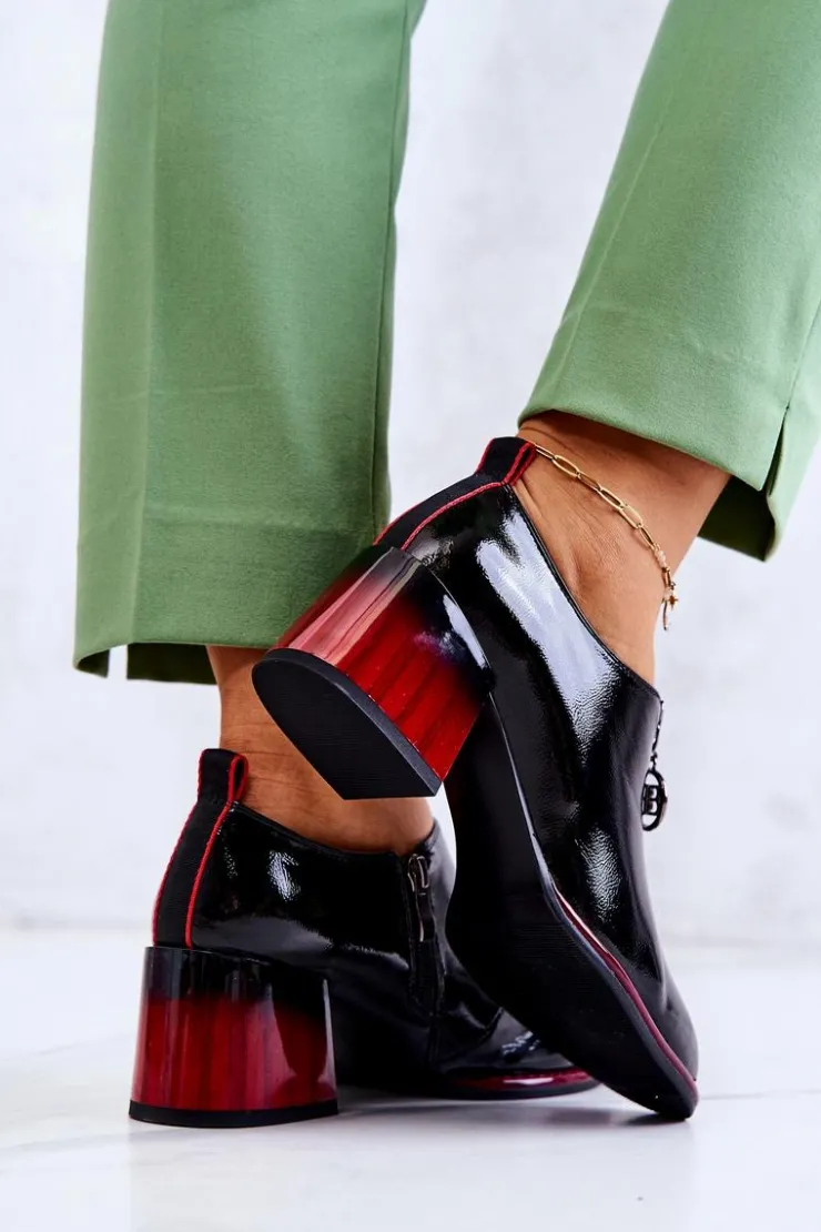 Damskie Damskie buty S.Barski Lakierowane Modne Półbuty Na Słupku Czarno-Czerwone Lorena