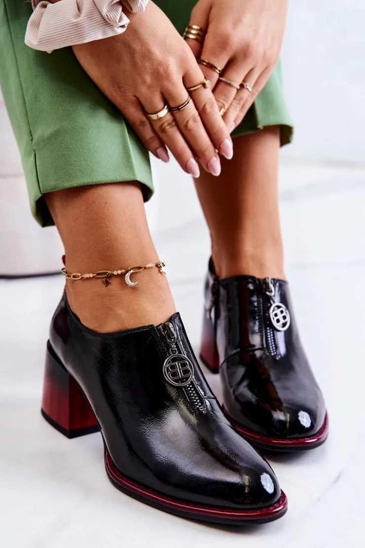 Damskie Damskie buty S.Barski Lakierowane Modne Półbuty Na Słupku Czarno-Czerwone Lorena