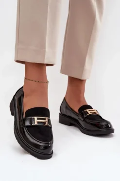 Damskie buty S.Barski Mokasyny Płaskie|Mokasyny Damskie Lakierowane*Lakierowane Mokasyny Damskie Ze Złotym Detalem S.Barski HY52-545 Czarne