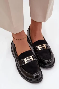 Damskie buty S.Barski Mokasyny Płaskie|Mokasyny Damskie Lakierowane*Lakierowane Mokasyny Damskie Ze Złotym Detalem S.Barski HY52-545 Czarne