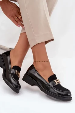 Damskie buty S.Barski Mokasyny Płaskie|Mokasyny Damskie Lakierowane*Lakierowane Mokasyny Damskie Ze Złotym Detalem S.Barski HY52-545 Czarne