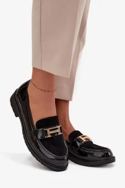 Damskie buty S.Barski Mokasyny Płaskie|Mokasyny Damskie Lakierowane*Lakierowane Mokasyny Damskie Ze Złotym Detalem S.Barski HY52-545 Czarne