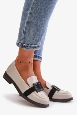 Buty damskie Vinceza Loafersy Damskie|Mokasyny Płaskie*Lakierowane Mokasyny Damskie Z Ozdobą Jasnoszare Vinceza 58389 Szary