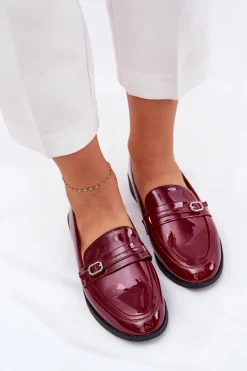 Sale Boto Lakierowane Mokasyny Damskie Z Ozdobną Sprzączką Bordowe Mollan