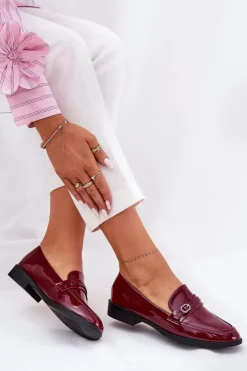Sale Boto Lakierowane Mokasyny Damskie Z Ozdobną Sprzączką Bordowe Mollan