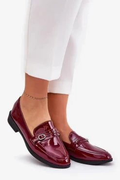 Sale Boto Lakierowane Mokasyny Damskie Z Ozdobną Sprzączką Bordowe Mollan