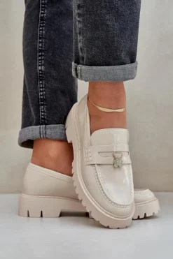 Damskie Boto Lakierowane Mokasyny Damskie Z Przypinką Miś Beżowe Wulinea