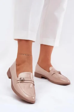 Damskie Boto Lakierowane Mokasyny Damskie Z Ozdobną Sprzączką Beżowe Mollan