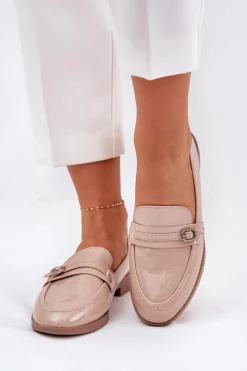 Damskie Boto Lakierowane Mokasyny Damskie Z Ozdobną Sprzączką Beżowe Mollan