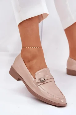 Damskie Boto Lakierowane Mokasyny Damskie Z Ozdobną Sprzączką Beżowe Mollan