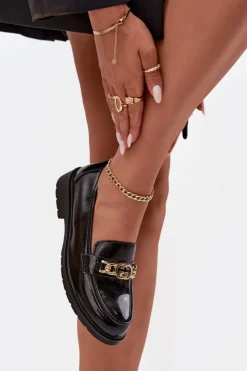 Sale D&A Lakierowane Mokasyny Damskie Ze Złotą Ozdobą S.Barski HY52-539 Czarne Czarny