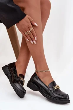 Sale D&A Lakierowane Mokasyny Damskie Ze Złotą Ozdobą S.Barski HY52-539 Czarne Czarny