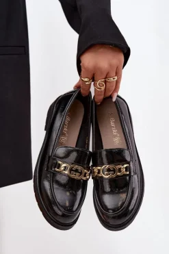 Sale D&A Lakierowane Mokasyny Damskie Ze Złotą Ozdobą S.Barski HY52-539 Czarne Czarny