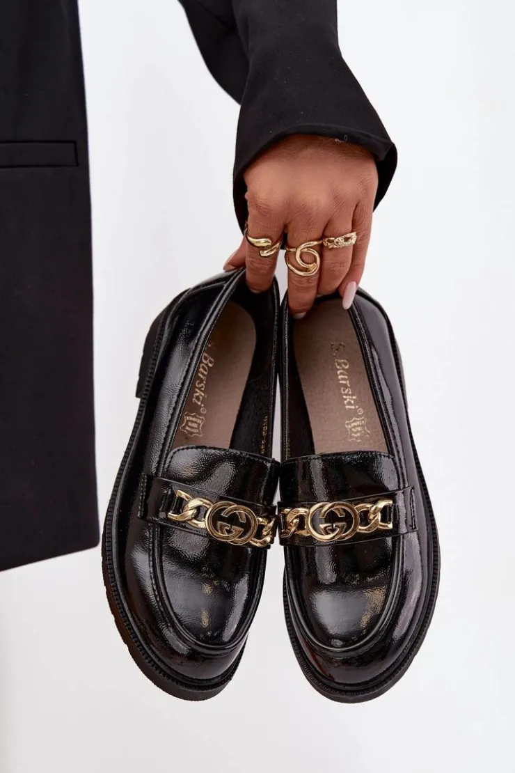 Sale D&A Lakierowane Mokasyny Damskie Ze Złotą Ozdobą S.Barski HY52-539 Czarne Czarny