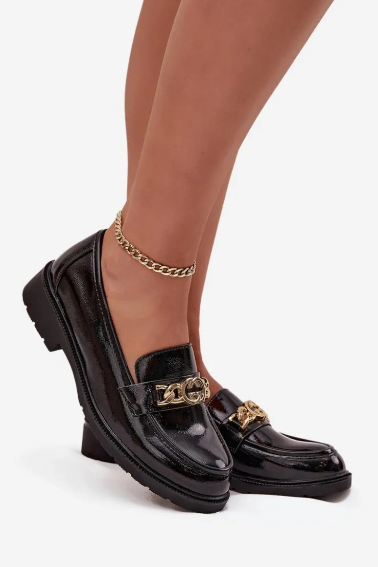 Sale D&A Lakierowane Mokasyny Damskie Ze Złotą Ozdobą S.Barski HY52-539 Czarne Czarny