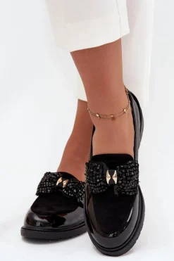 D&A Mokasyny Płaskie|Mokasyny Damskie Lakierowane*Lakierowane Mokasyny Damskie Z Kokardką S.Barski HY51-319 Czarne Czarny