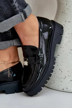 Boto Loafersy Damskie|Mokasyny Płaskie*Lakierowane Mokasyny Damskie Z Przypinką Miś Czarne Wulinea