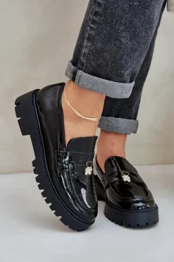 Boto Loafersy Damskie|Mokasyny Płaskie*Lakierowane Mokasyny Damskie Z Przypinką Miś Czarne Wulinea