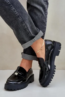 Boto Loafersy Damskie|Mokasyny Płaskie*Lakierowane Mokasyny Damskie Z Przypinką Miś Czarne Wulinea