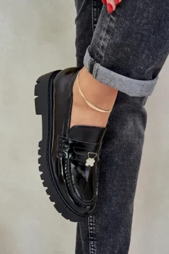 Boto Loafersy Damskie|Mokasyny Płaskie*Lakierowane Mokasyny Damskie Z Przypinką Miś Czarne Wulinea