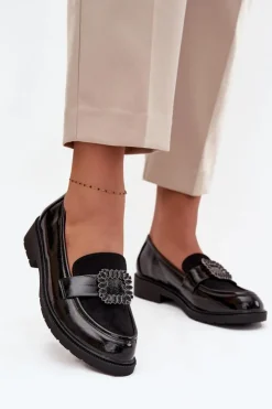 Clearance Damskie buty S.Barski Lakierowane Mokasyny Damskie Z Ozdobną Klamrą S.Barski HY52-546 Czarne